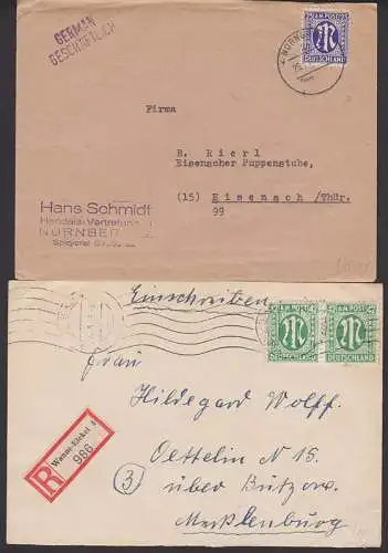 Wanne-Eickel R-Bf mit AMP 42 Pfg. 22.6.46, Nürnberg 25 Pfg. nach Eisenach