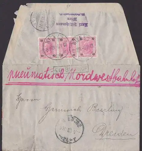 Wien Rohrpostbrief in rot "pneumatisch Nordwestbahnhof" nach Dresden, 10 Heller im 3-er Streifen1908