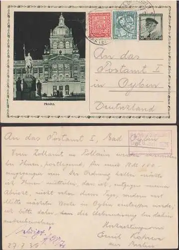 Wartenberg am Roll, Strá pod Ralskem, Bildpostkarte 27.7.35 an Postamt Oybin, int. Text bzgl.postlagernder Überweisung