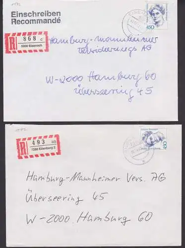 Eilenburg, Eisenach zwei R-Briefe mit 450 Pfg. (1614) Hedwig Courths-Mahler, von VGO nach VGW 1992