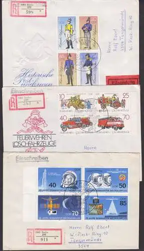 Weltraumflug, Feuerwehren, Postuniformen Zdr. , je vom Ersttag R-Bfe  mt Berliner SSt. (2997, 3005, 3101)