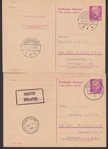 SIGNY ISLAND, Frederikschär 23.11.67 je auf Antwort-GA 15 Pfg. Walter Ulbricht (P74a)