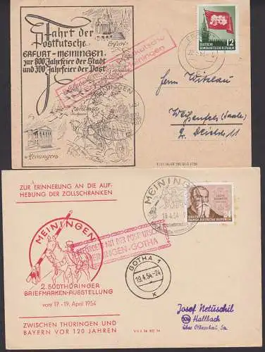 Meiningen - Gotha, Erfurt - Meinignen, je Postkutschenbeförderung, Schmuck-Karte,-Umschlag 1954
