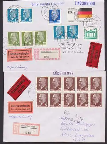 Rehna, Schwerin je R-Eil-Rs und eigenhändige Sendung nach Dresden 2.10.90, 29.8.90