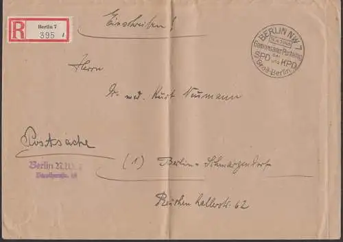 Gemeinsamer Parteitag der SPD und KPD, Postsache R-Brief Berlin 7 14.4.1946 nach Berlin-Schmargendorf