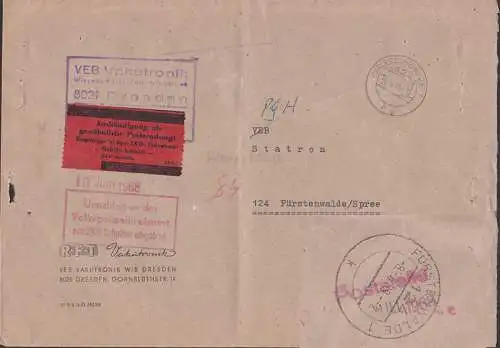 DRESDEN FÜRSTENWALDE zwei OSt., aufeinander abgeschlagen, roter R3 Umschlag an das Volkspolizeikreisamt