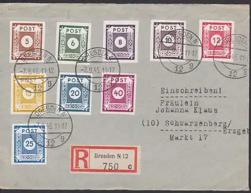 Ostsachsen R-Bf-Vorderseite mit allen Werten Dresden 7.9.45, dabei 43 durchstochen