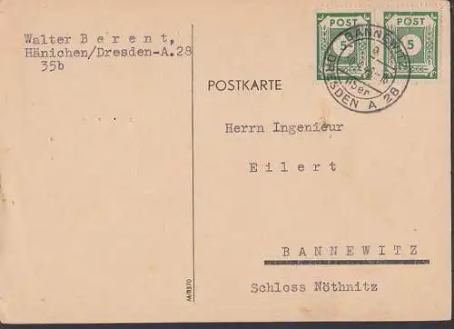 Bannewitz über Dresden Ortskarte mit 5 Ziffern (57) 30.4.46, rechte Mke def., seltene MeF aus damals kleinen Ort