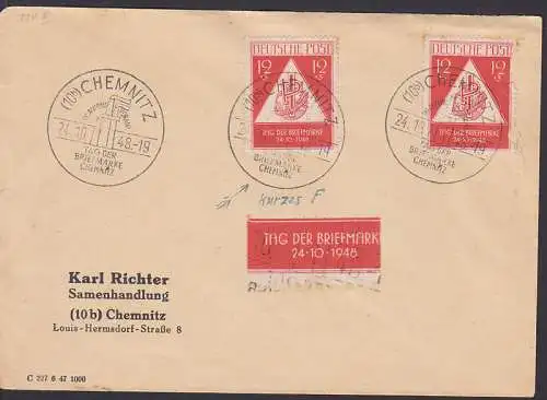 Tag der Briefmarke SSt. Chemnitz 24.10.48, SoMke mit Plattenfehler "kurzes F" (228II) , blanko