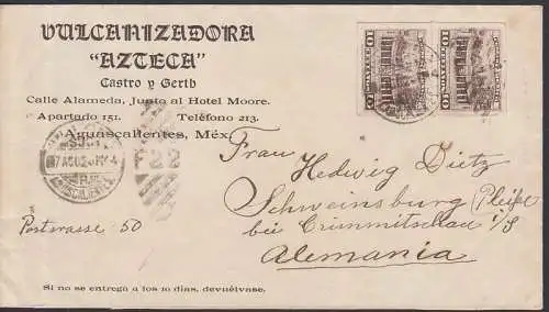 Mexiko, Mexico, Aquascallentes, 10 Centvos im senkr. Paar nach Schweinsburg bei Crimmitschau