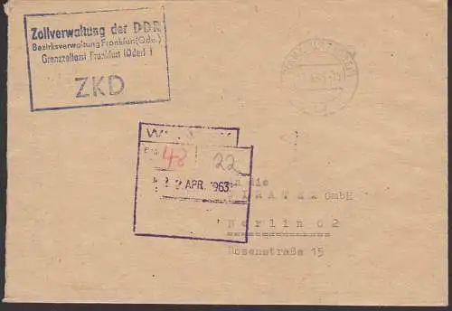 Zollverwaltung der DDR Grenzzollamt Frankfurt (Oder) R4 ZKD-St.,  an Wiratex Berlin