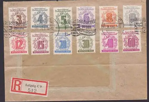 Volkssolidaritä kpl. Ausgabe mit Rollst. Leipzig  26.3.46 Volkssolidarität gegen Volksnot, R-Bf. Rs. Eing.-St. (138/49)