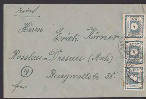 Werdau Fernbrief mit 4 Pfg, senkr. 3er-Streifen  nach Rosslau-Dessau (64)