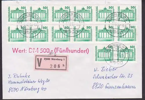 Rollenmarke 50 Pfg. Brandenburger Tor in zwei 6er-Streifen,  mit Nr. Wertbrief aus Nürnberg (3346R)