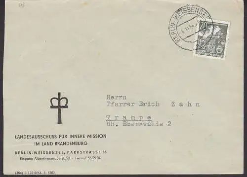 Berlin-Weissensee, Fernbrief mit 20 Pfg Bad Elster (613), Abs. Innere Mission Land Brandenburg
