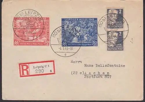 Messe 1949 SSt. 6.3.49 R-Bf SSt. LEIPZIG (231) portogenau, rs. Eingangsst. AACHEN ANKUNFT