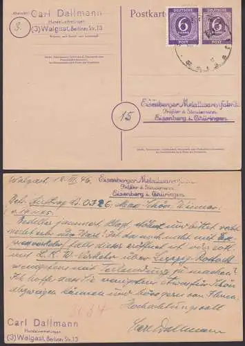 Wolgast Notstempel auf 6 Pfg. GA mit Zusatzfrankatur, Bedarfsverwendung