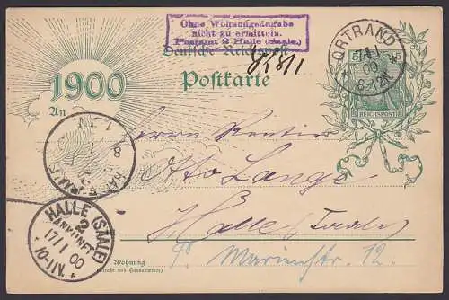 Ortrand 5 Pfg. Reichspost-Jahrhundert-GA mit R3 "Ohne Wohungsangabe nicht zu ermitteln Postamt 2 Halle (Saale)"