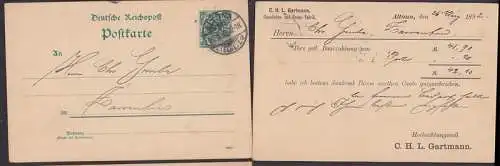 Altona C. H. L. Gartmann 5 Pfg. GA mit privatem Zudruck 1892, Altona (Elbe) 28.3.(18)92
