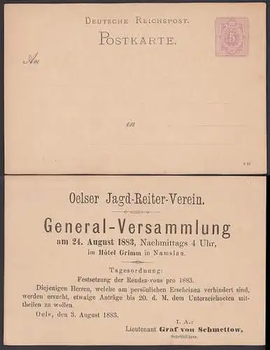 Oelser Jagd-Reiter-Verein, 5 Pf.-GA mit privatem Zudruck, ungebraucht, Generalversammlung Hotel Grimm Namslau