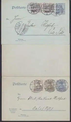 Oels (Schlesien) Bresslau Antwort-GA mit 3 und 2 Pfg., GA mit 2 Pfg. je mit Zusatzfrankatur