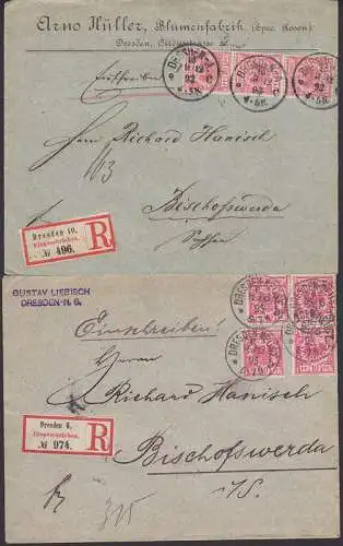 Dresden 10 R-Brief 9.12.(18)92 nach Bischofswerda, Abs. Blumenfabrik speziell Rosen und vom 16.6.95