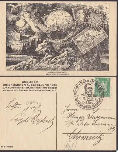 Berliner Briefmarken-Ausstellung 1924, Ak mit SSt