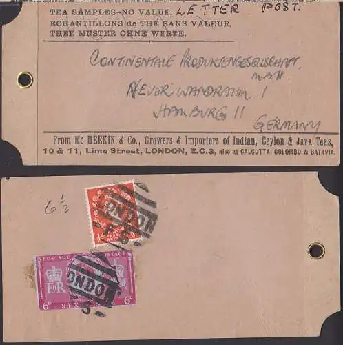 LONDON FS, Frankatur über 6 1/2 Pence auf Anhänger letter post, Vordruck für Tee-Beutel Muster ohne Wert