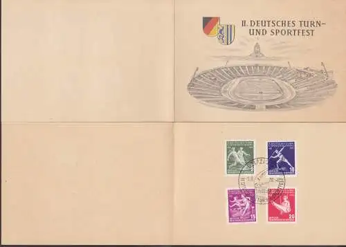 Leipzig Turn- und Sportfest DDR 530/33, SoSt. 2.8.56, Turner am Reck, Fussball Speerwurf Hürdenlauf, 2 Gedenkblätter