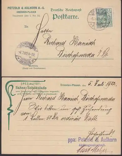 Perfin "P&A" Dresden Plauen C. C. Petzold & Aulhorn, Aulhorns Nähr-Kakao 5.7.1902