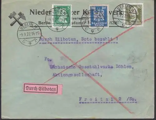 Perfin "NK" Berlin W9, Niederlausitzer Kohlenwerke, Eilbote 9.9.27 nach Freital