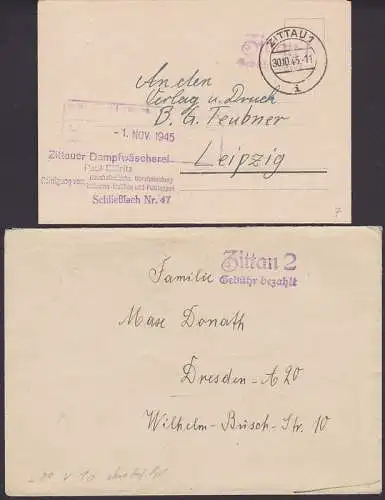 Zittau Z2 Gebühr bezahlt von Zittau 1 30.10.45 Karte Dampfwäscherei und Zittau 2