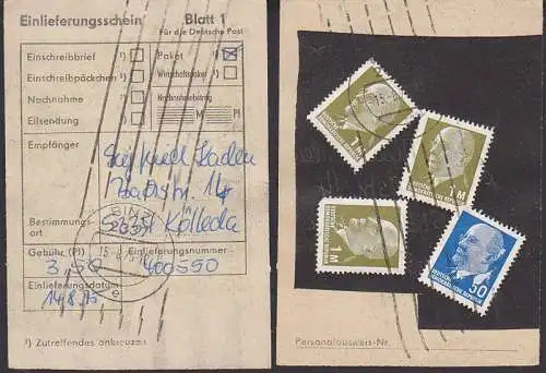 Binz 15.08.75 frankierter Einlieferungsschein, Paket-SbPA-Formular nach Kölleda, verklebte Gebühr 3,50