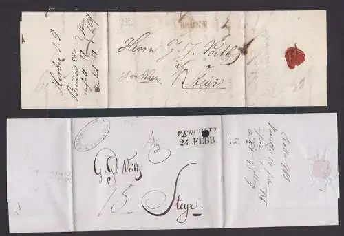 BRÜNN, VERSELLI, zwei Altbriefe nach Steyer von 1837 bzw. 1846
