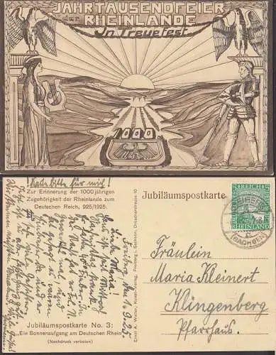 Jubiläumskarte Nr. 3 Erinnerung der 1000jährigen Zugehörigkeit der Rheinlande zum Deutschen Reich