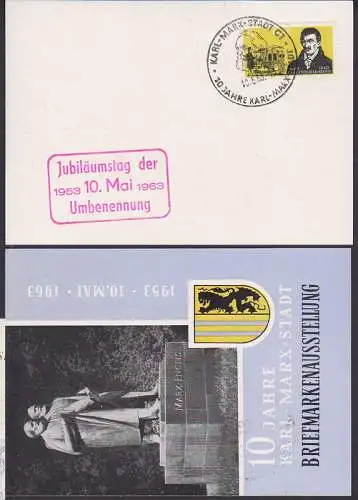 Karl-Marx-Stadt Chemnitz 10.5.68 SSt der Umbenennung roter R3 Jubliläumstag auf AK Marx-Engels-Denkmal mit Wappen