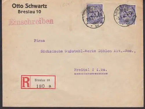 Perfin OSB Otto Schwartz Breslau R-Bf 3.6.27 nach Freital in Sachsen
