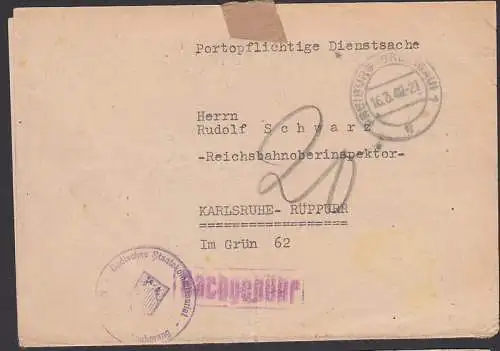 Freiburg (Breisgau) portopflichtige Dienstsache 16.3.48 mit Nachgebühr, K1 Staatliches Staatskommisariat