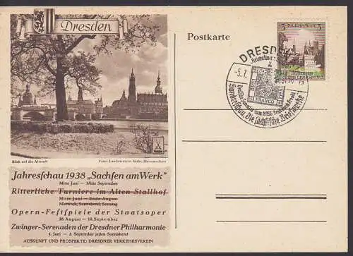 Jahresschau 1938 Sachsen am Werk, illustr. Karte mit Altstadtblick und SSt. Sachsendreier 5.7.38