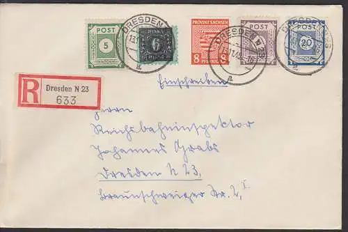 OPD-Ausgaben auf R-Orts-Bf Dresden  13.11.45, dabei 6 Pfg. Mecklenburg