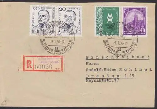 R-Zettel mit Gummistempel 3. Briefmarkenausstellung Altenburg (Bz Leipzig) mit SSt. 9.9.56 (562), 2. Gew.-Stufe