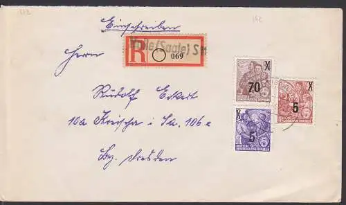 Halle (Saale) R-Zettel mit Gummstempel auf Fern-Doppel-Bief nach Portosenkung (442)