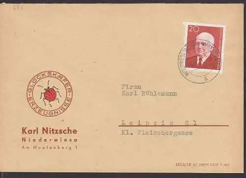 Niederwiesa (Bz Karl-Max-Stadt) mit 20 Pfg. Pieck (673) auf ill. Fa.-Brief Glückskäfer-Erzeugnisse, Maikäfer