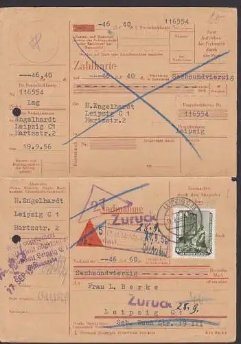 Nachnahme mit anhäng. Zahlkarte, Leipzig 19.9.56 mit 40 Pfg. Brieflesendes Mädchen (508), diverse St
