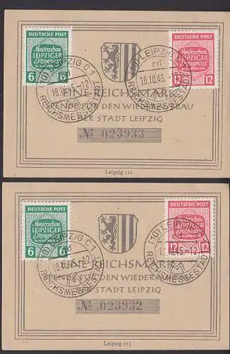 Musterschau Leipzig Reichsmessestadt, 2 Spendenkarten vom Ersttag, dabei je  6 Pfg mit Wz. X, (124X)