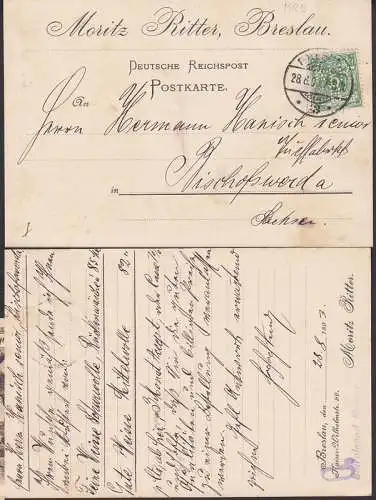 Perfin MRB - Moritz Ritter Breslau, Vordruckkarte 28.8.1893 nach Bischofswerda, Frühe Firmenlochung!