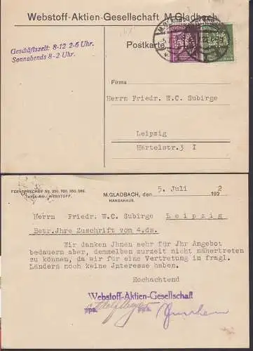 Perfin WA - Webstoff-Aktien-Gesellschaft M. Gladbach 5.7.22, Karte nach Leipzig