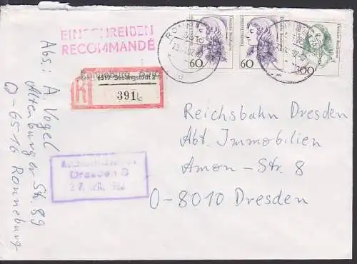 Ronneburg R-Bf mit Erstaz-R-Zettel aus 6517 Seelingstädt 2 für PLZ 6516, 23.4.92