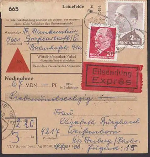 Leinefelde mit PSSt. Großbartloff Paketkarte mit Eilsendung und Nachnahme, Frankatur 2,30