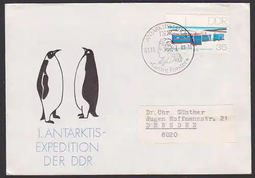 Antarktisstation der DDR Georg Forster SSt. 1.11.89, Schmuckumschlag mit Pinguin
